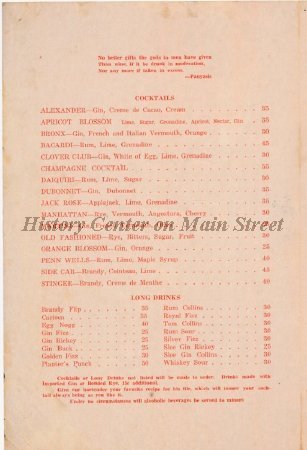 The Cocktail Room, Penn-Wells Hotel Menu
